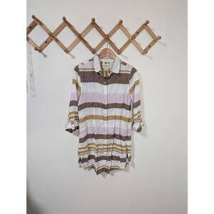 Rachel Zoe 100% Linen Striped Tunic Length Button Down Top - Size M